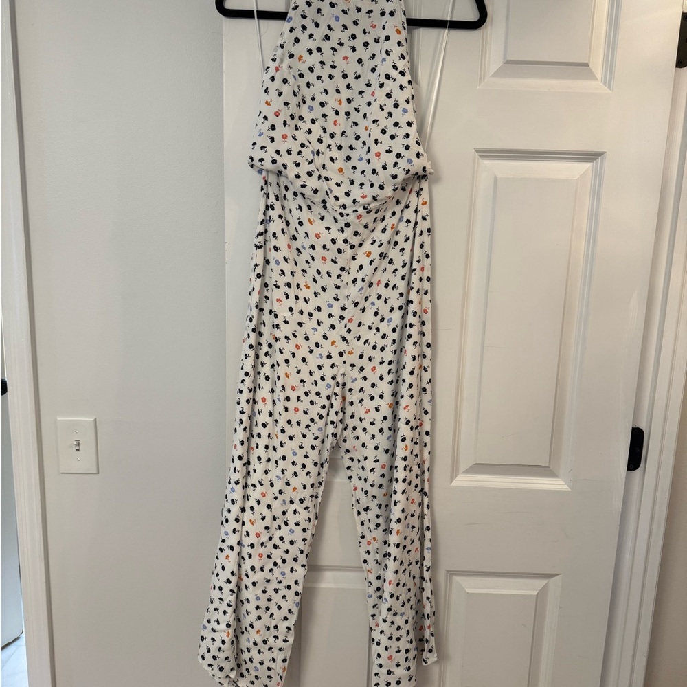 White Floral Print Halter Jumpsuit